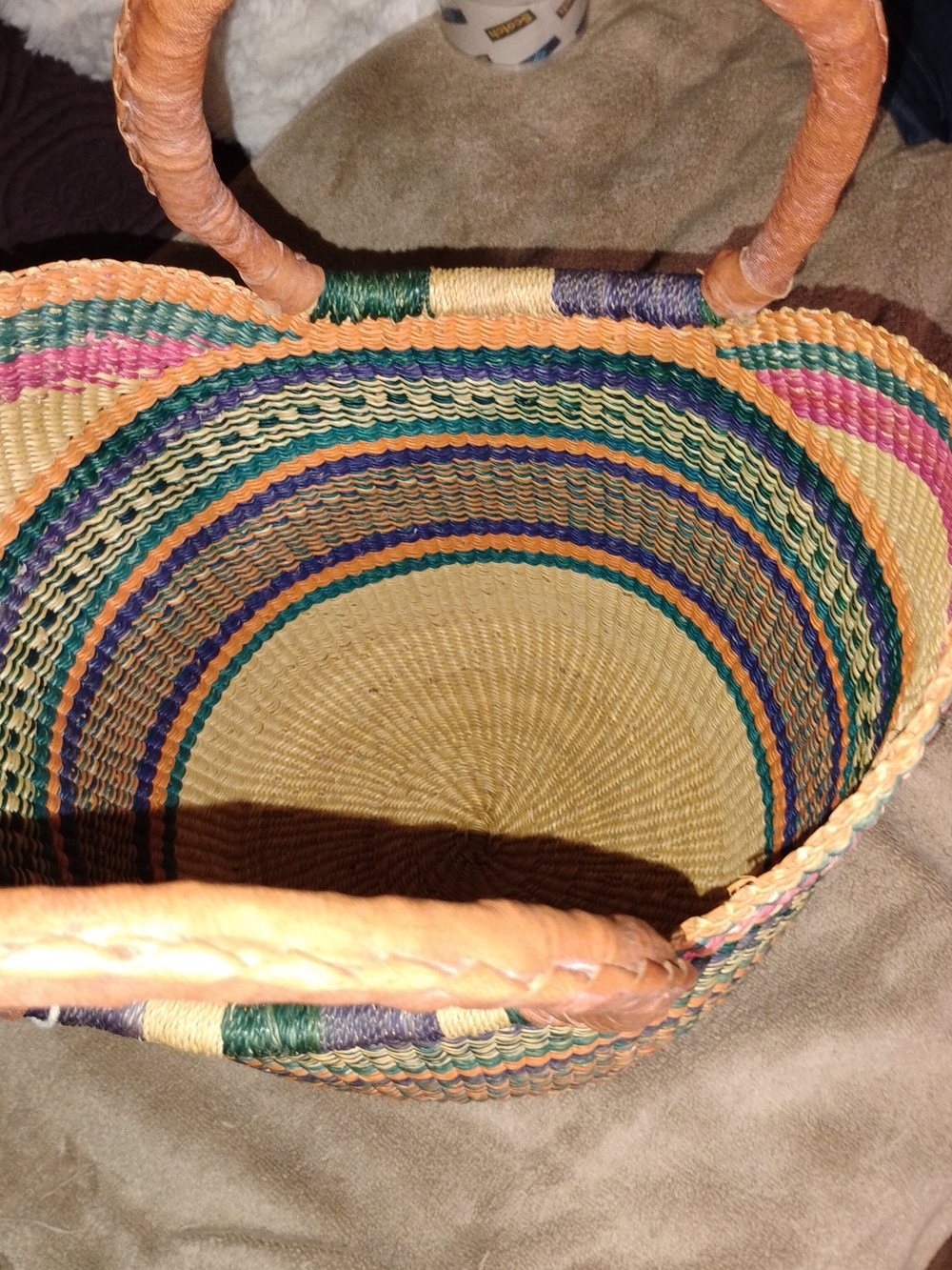 Handwoven Multicolor Straw Tote with Leather Handles - Yellow & Green - Picture 4 of 4